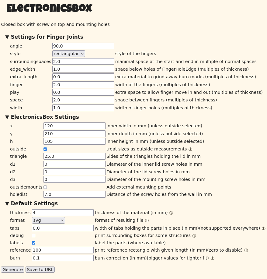 The settings for the electronics box on boxes.py